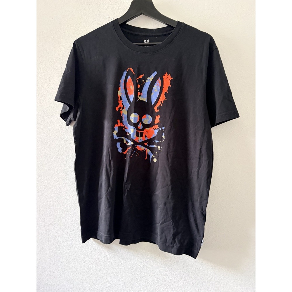 Psycho Bunny T-Shirt Men's Size 5 Large Black Splatter Paint Graphic Logo